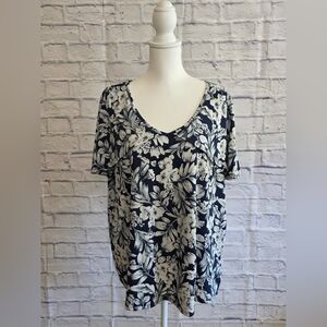 Blue And Gray Abstract Floral Short Sleeve Top